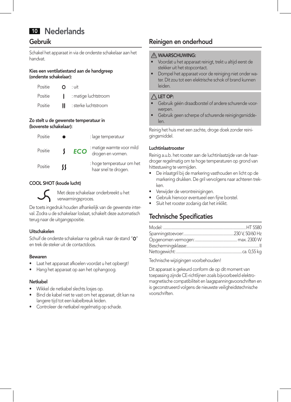 Nederlands, Gebruik, Reinigen en onderhoud | Technische specificaties | AEG HT 5580 User Manual | Page 10 / 44