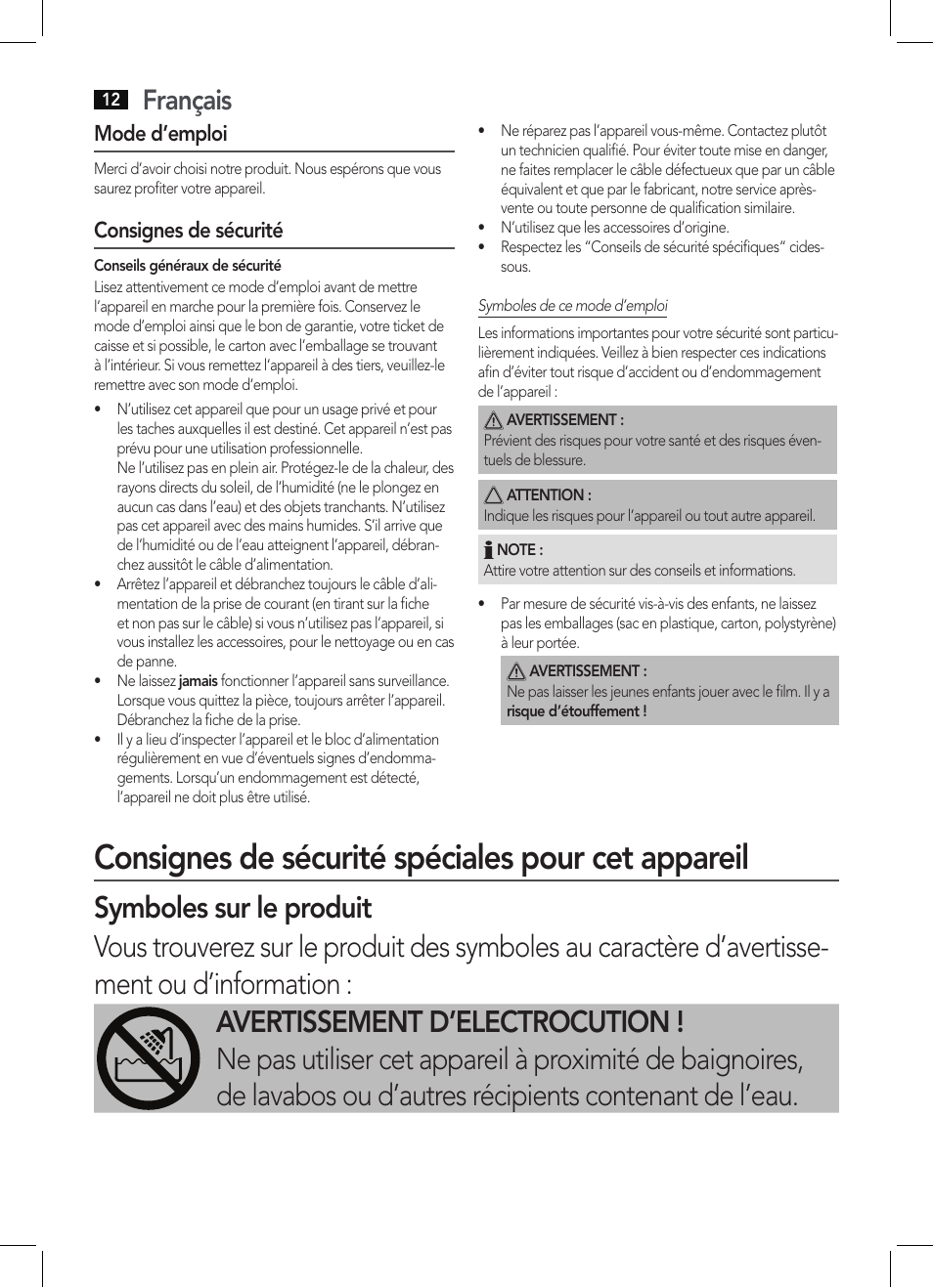 Consignes de sécurité spéciales pour cet appareil, Français, Mode d’emploi | Consignes de sécurité | AEG HT 5580 User Manual | Page 12 / 44