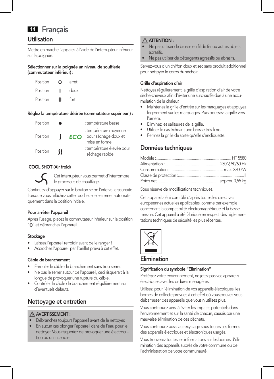 Français, Utilisation, Nettoyage et entretien | Données techniques, Elimination | AEG HT 5580 User Manual | Page 14 / 44