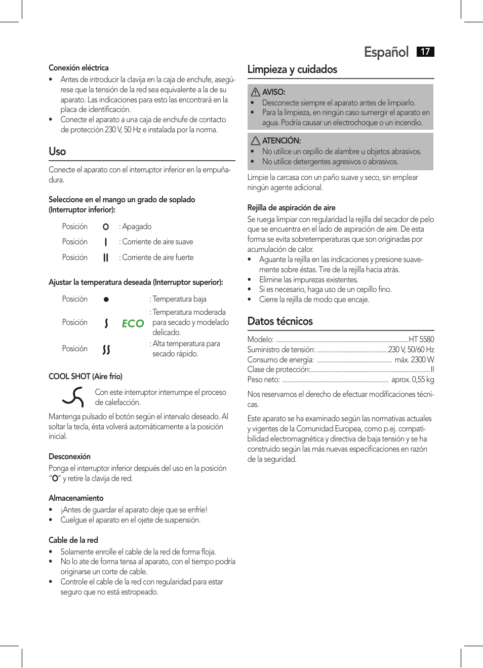 Español, Limpieza y cuidados, Datos técnicos | AEG HT 5580 User Manual | Page 17 / 44