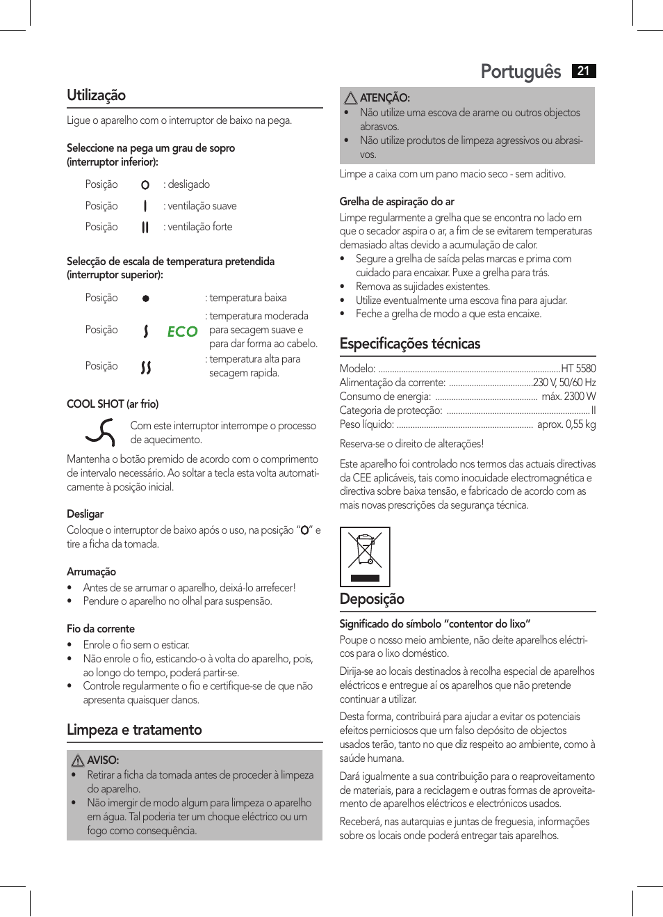 Português, Utilização, Limpeza e tratamento | Especificações técnicas, Deposição | AEG HT 5580 User Manual | Page 21 / 44