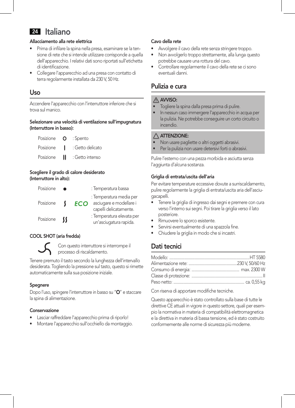 Italiano, Pulizia e cura, Dati tecnici | AEG HT 5580 User Manual | Page 24 / 44