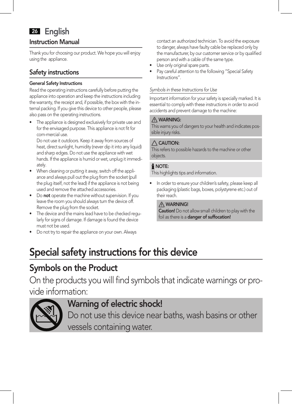 Special safety instructions for this device, English, Instruction manual | Safety instructions | AEG HT 5580 User Manual | Page 26 / 44