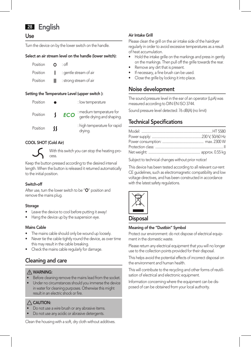 English, Cleaning and care, Noise development | Technical specifications, Disposal | AEG HT 5580 User Manual | Page 28 / 44
