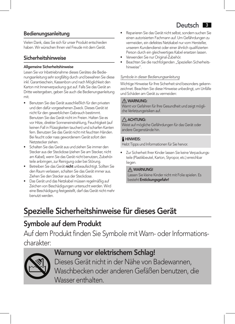 Spezielle sicherheitshinweise für dieses gerät, Deutsch, Bedienungsanleitung | Sicherheitshinweise | AEG HT 5580 User Manual | Page 3 / 44