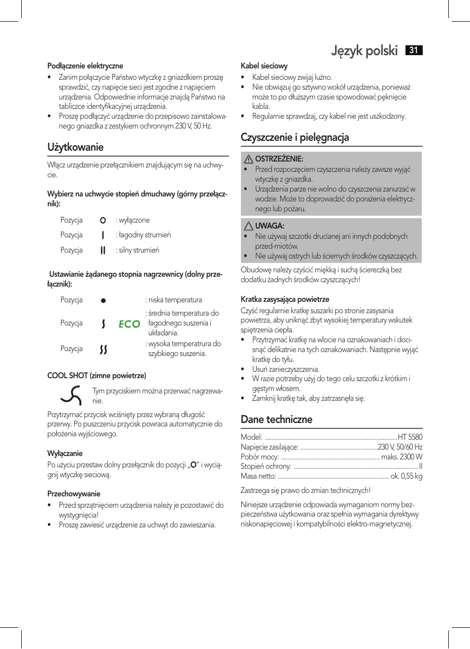 Język polski, Użytkowanie, Czyszczenie i pielęgnacja | Dane techniczne | AEG HT 5580 User Manual | Page 31 / 44