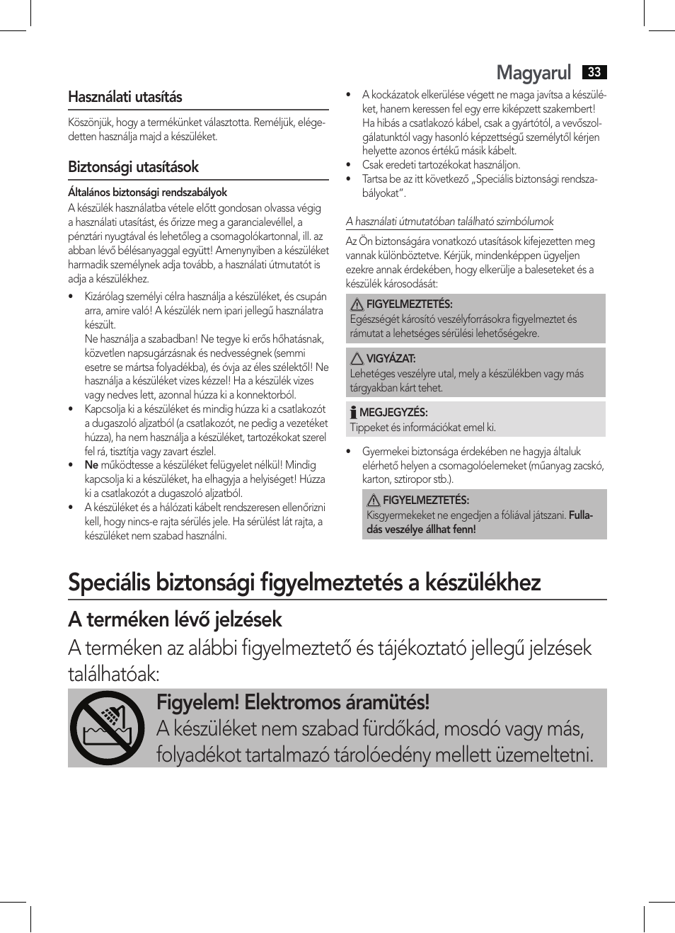 Speciális biztonsági figyelmeztetés a készülékhez, Magyarul, Használati utasítás | Biztonsági utasítások | AEG HT 5580 User Manual | Page 33 / 44