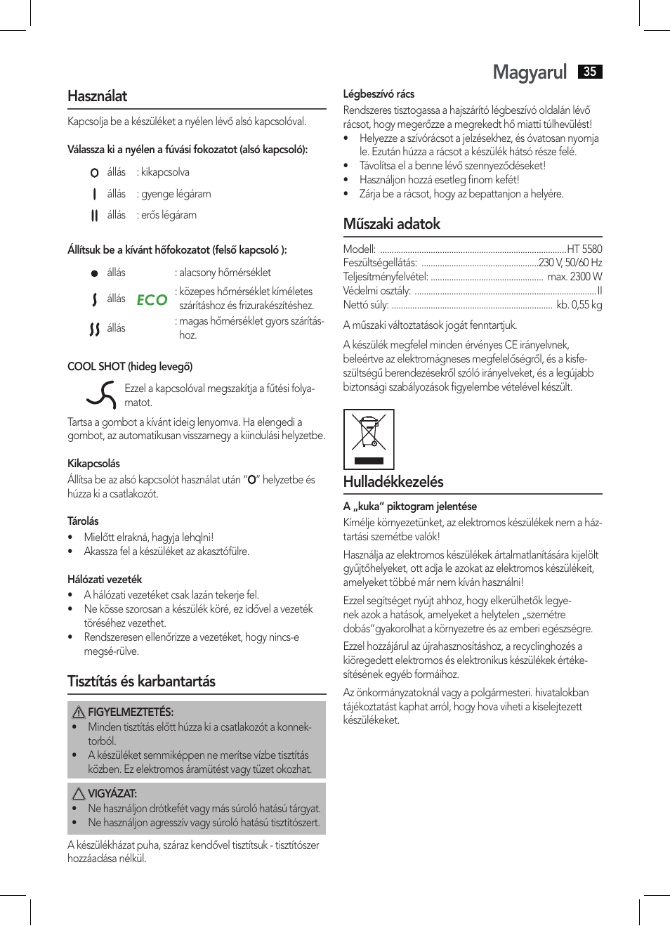 Magyarul, Használat, Tisztítás és karbantartás | Műszaki adatok, Hulladékkezelés | AEG HT 5580 User Manual | Page 35 / 44