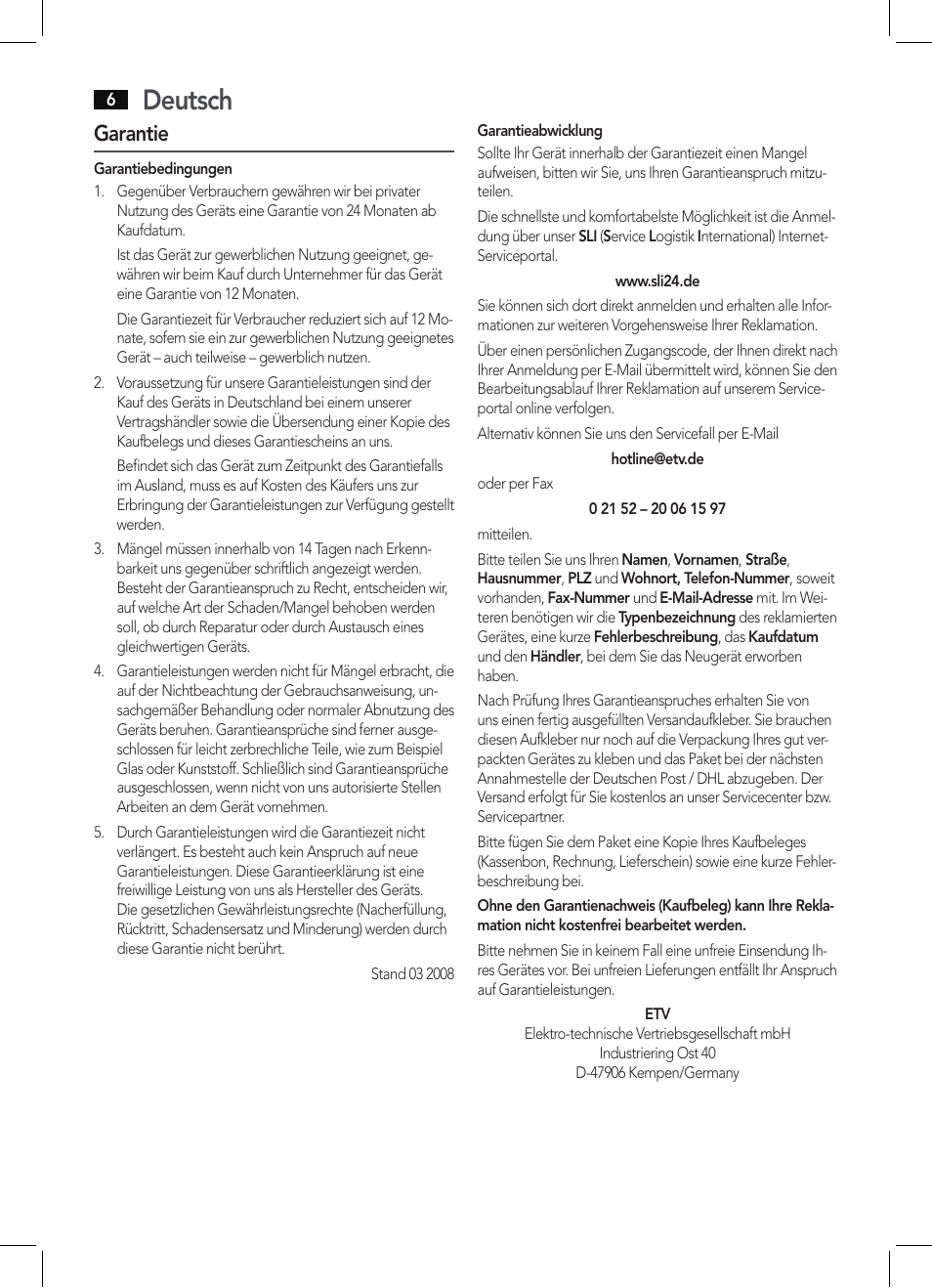 Deutsch, Garantie | AEG HT 5580 User Manual | Page 6 / 44