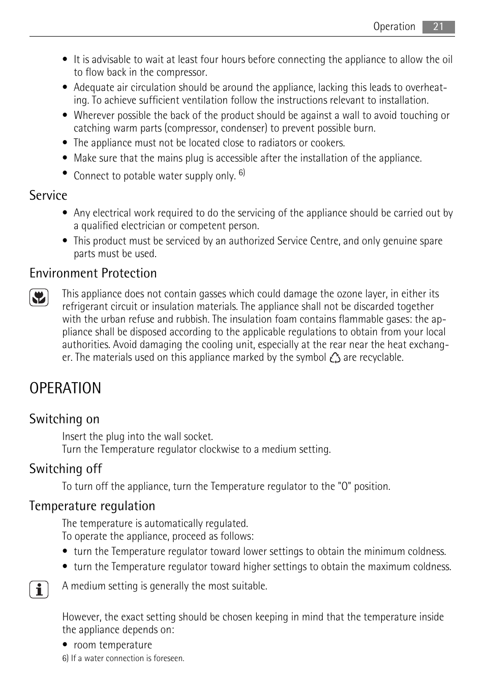 Operation, Service, Environment protection | Switching on, Switching off, Temperature regulation | AEG SKS58800S1 User Manual | Page 21 / 76