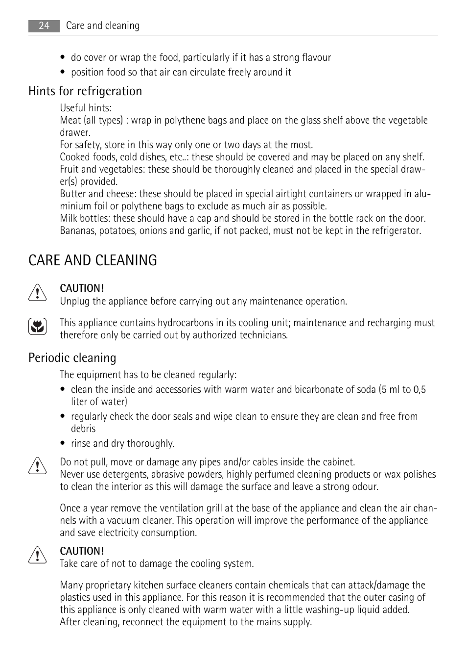 Care and cleaning, Hints for refrigeration, Periodic cleaning | AEG SKS58800S1 User Manual | Page 24 / 76