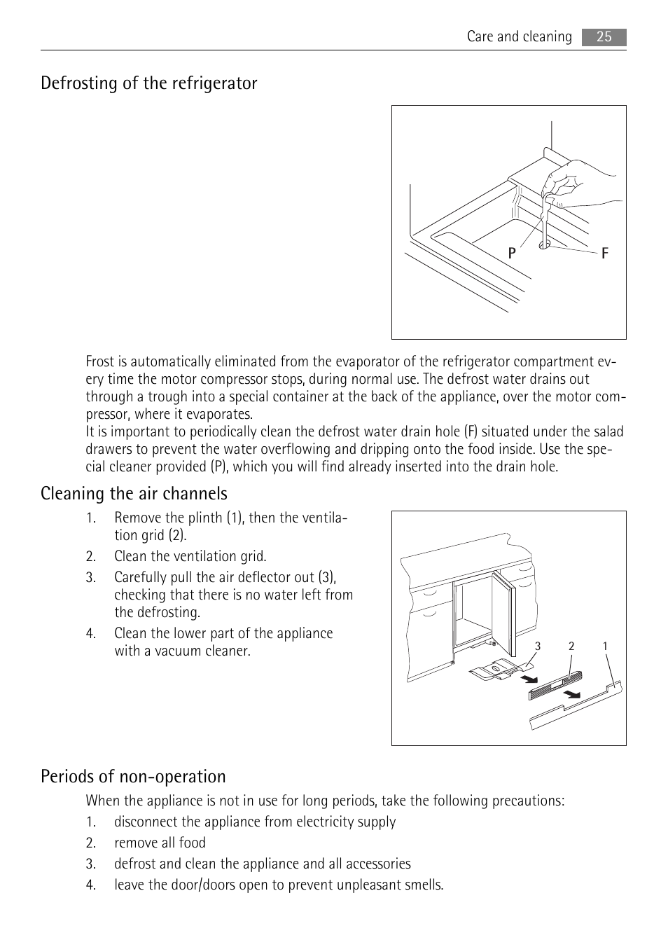 Defrosting of the refrigerator, Cleaning the air channels, Periods of non-operation | AEG SKS58800S1 User Manual | Page 25 / 76