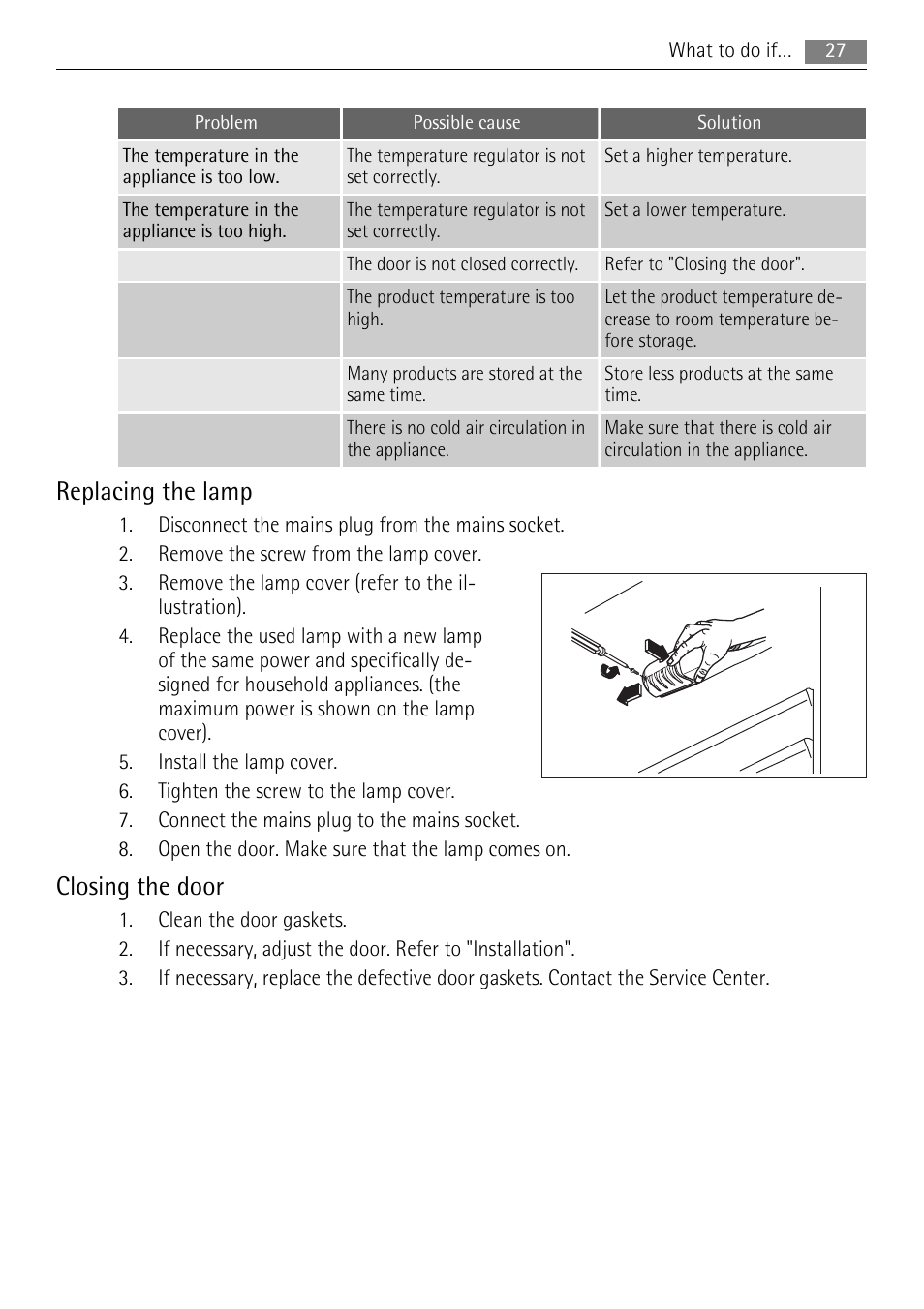 Replacing the lamp, Closing the door | AEG SKS58800S1 User Manual | Page 27 / 76