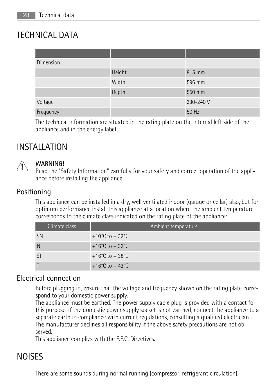 Technical data, Installation, Noises | Positioning, Electrical connection | AEG SKS58800S1 User Manual | Page 28 / 76