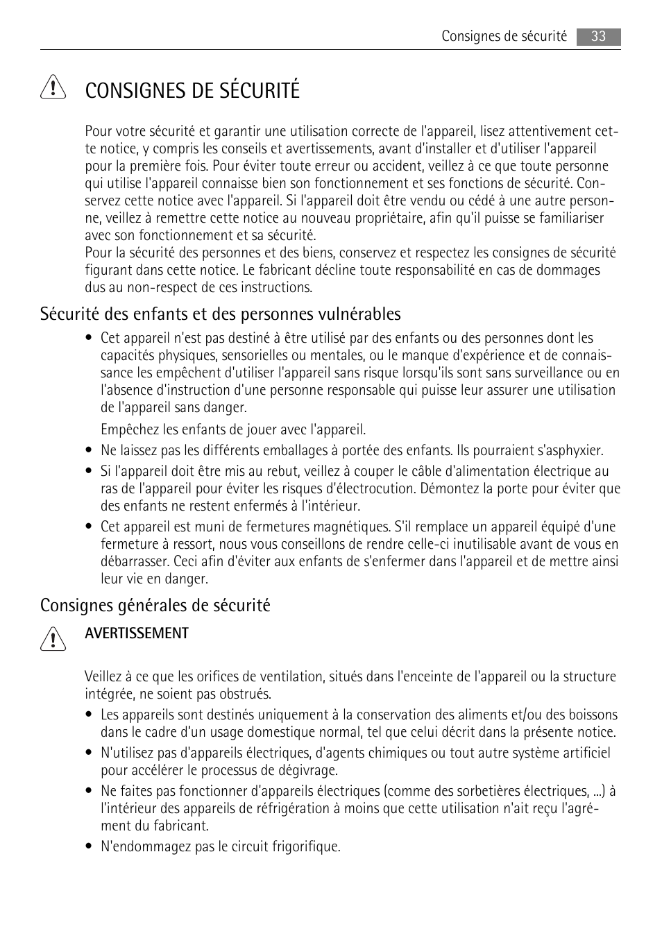 Consignes de sécurité, Sécurité des enfants et des personnes vulnérables, Consignes générales de sécurité | AEG SKS58800S1 User Manual | Page 33 / 76