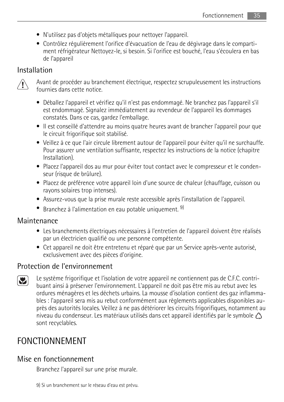 Fonctionnement, Installation, Maintenance | Protection de l'environnement, Mise en fonctionnement | AEG SKS58800S1 User Manual | Page 35 / 76