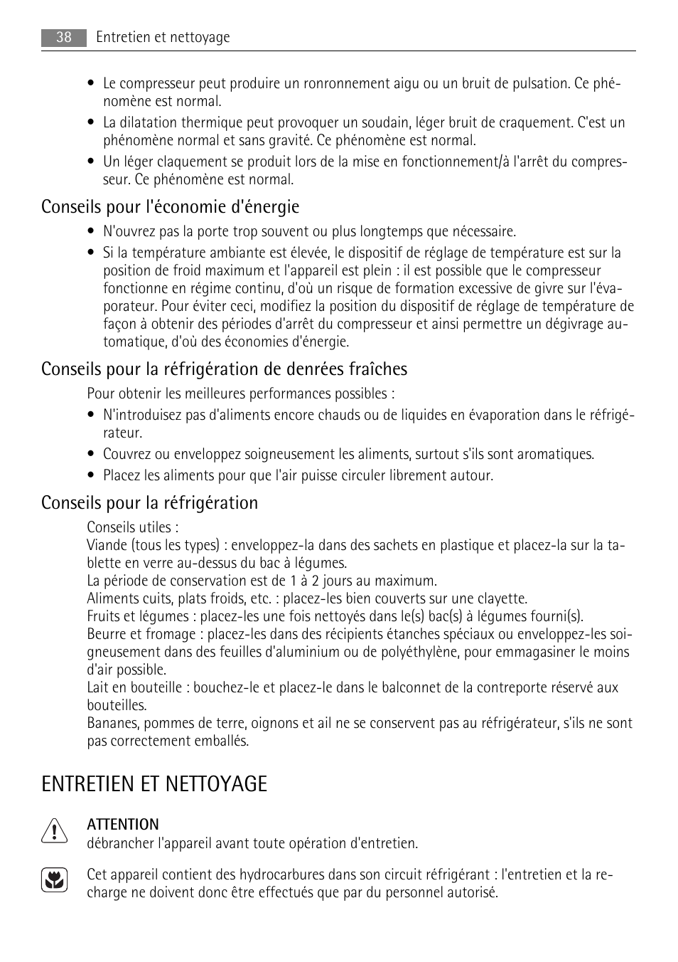 Entretien et nettoyage, Conseils pour l'économie d'énergie, Conseils pour la réfrigération de denrées fraîches | Conseils pour la réfrigération | AEG SKS58800S1 User Manual | Page 38 / 76