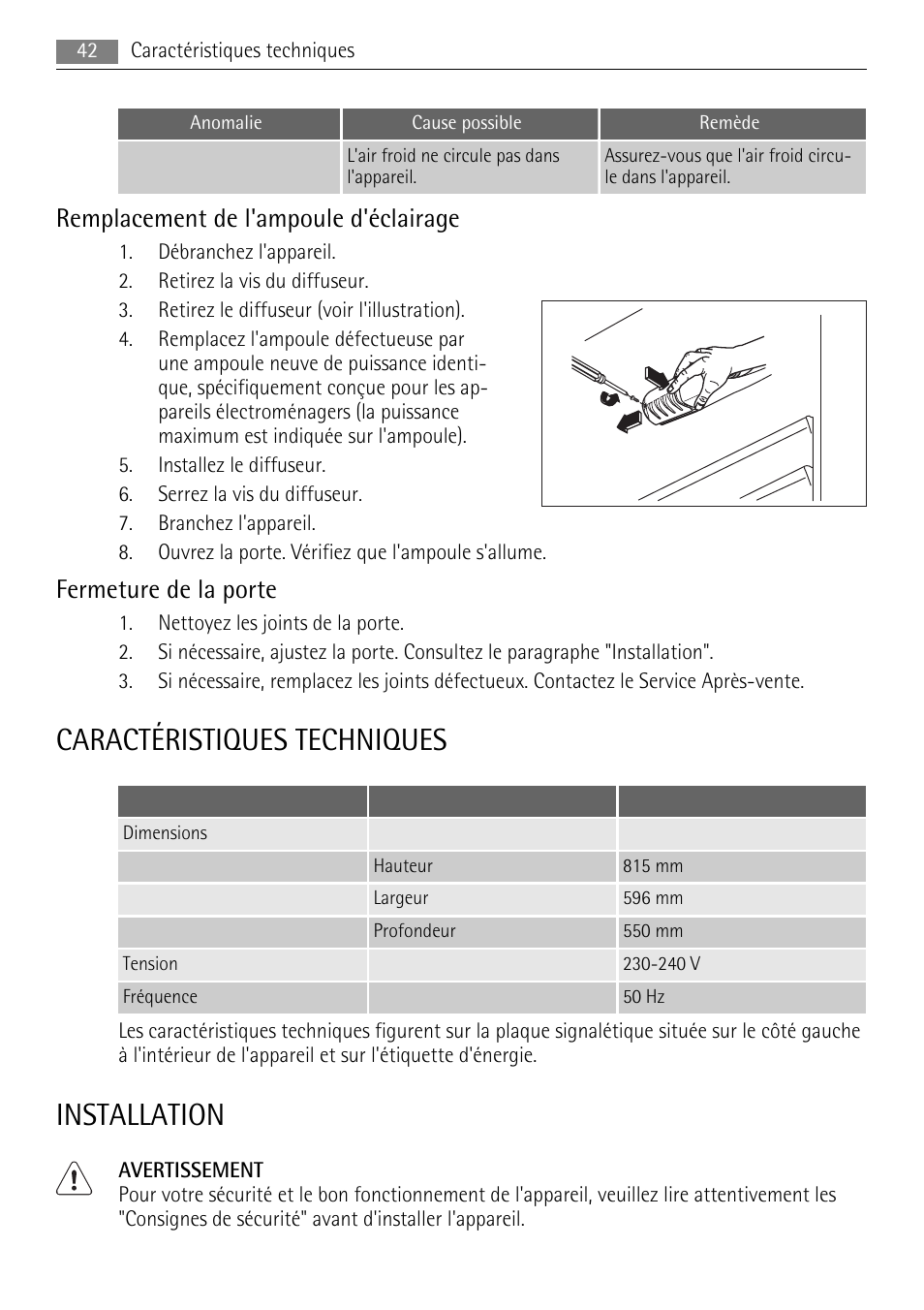 Caractéristiques techniques, Installation, Remplacement de l'ampoule d'éclairage | Fermeture de la porte | AEG SKS58800S1 User Manual | Page 42 / 76