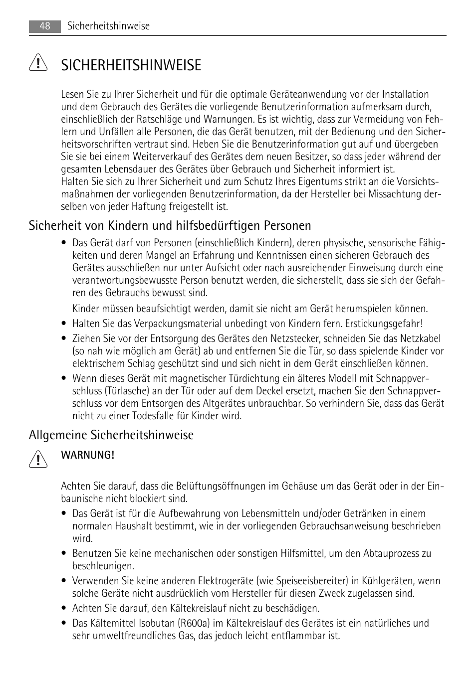 Sicherheitshinweise, Allgemeine sicherheitshinweise | AEG SKS58800S1 User Manual | Page 48 / 76