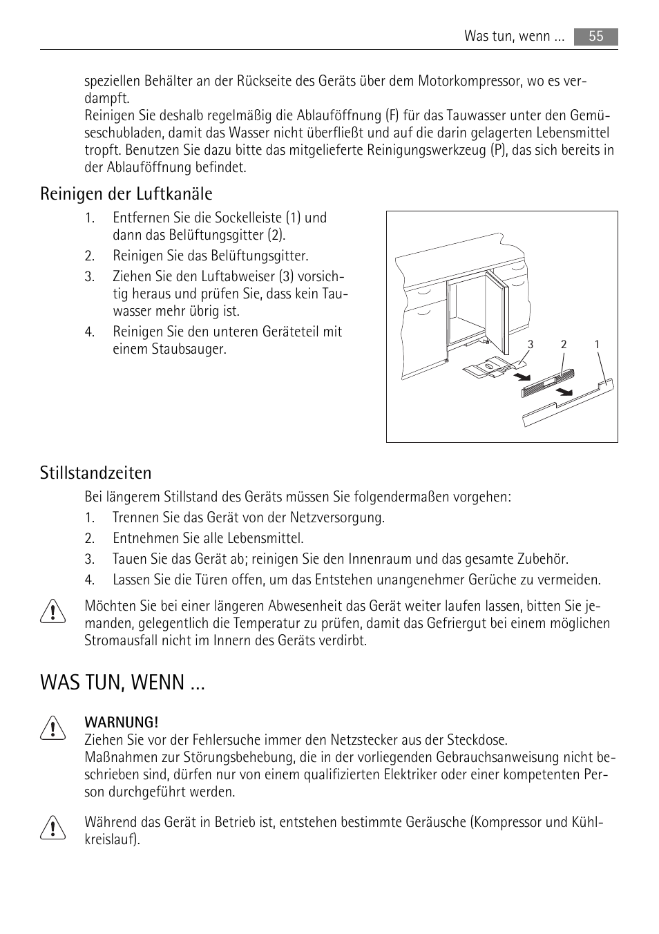 Was tun, wenn, Reinigen der luftkanäle, Stillstandzeiten | AEG SKS58800S1 User Manual | Page 55 / 76