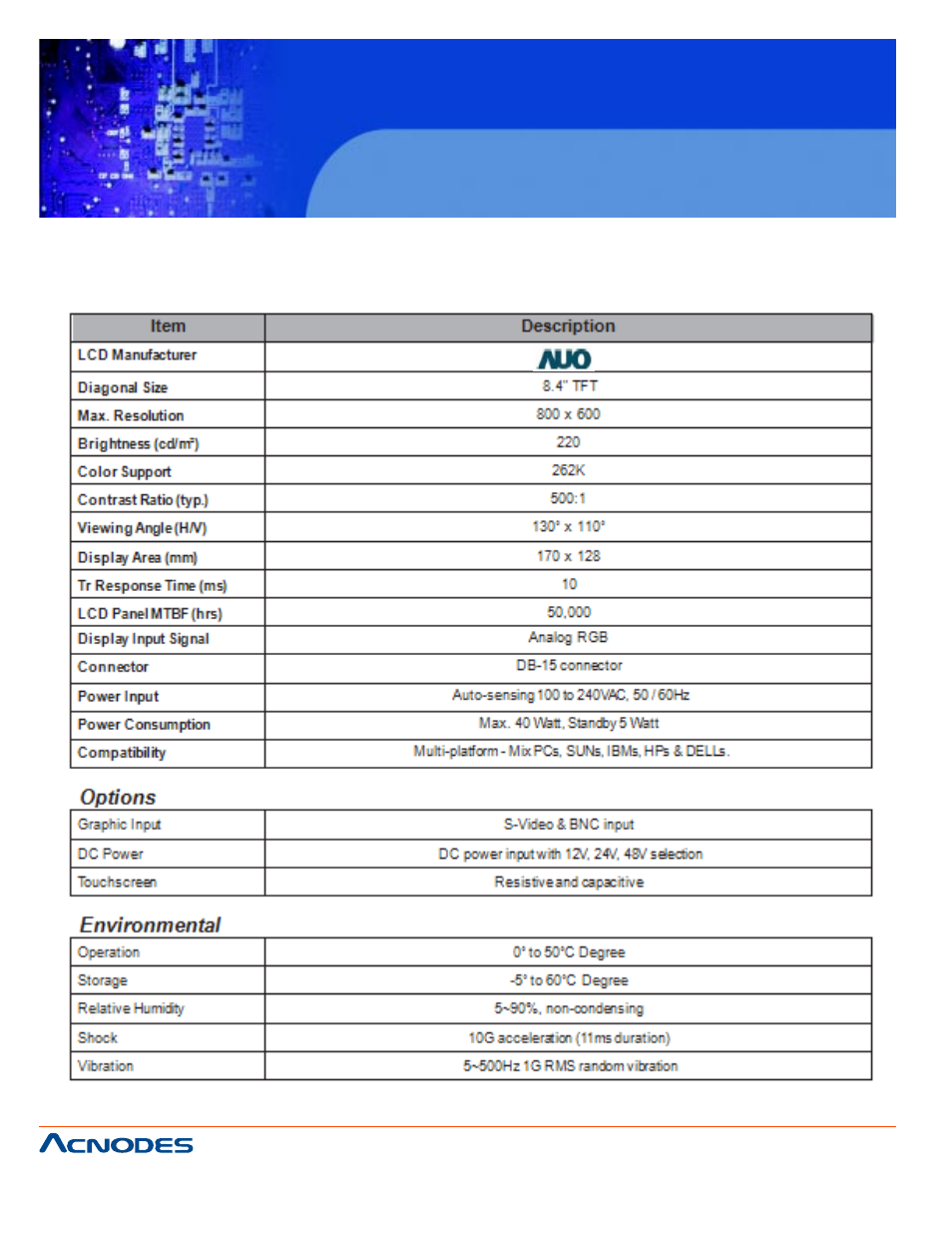 Apm5084, Chapter 4 operation, 1 lcd specifications | Acnodes APM5084 User Manual | Page 12 / 25