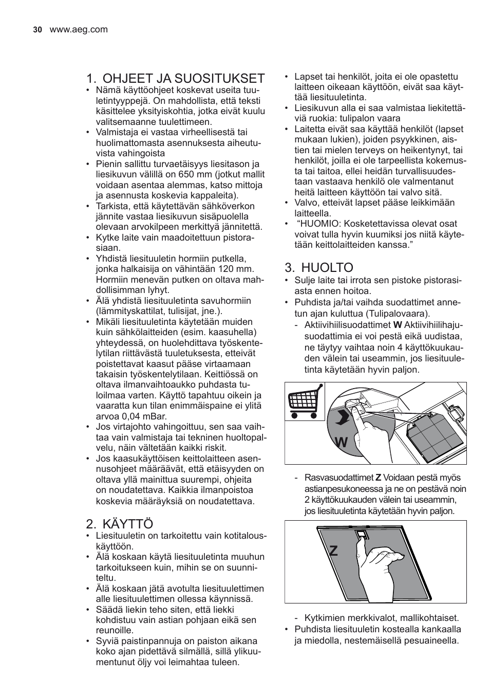 Ohjeet ja suositukset, Käyttö, Huolto | AEG X56342SE10 User Manual | Page 30 / 96