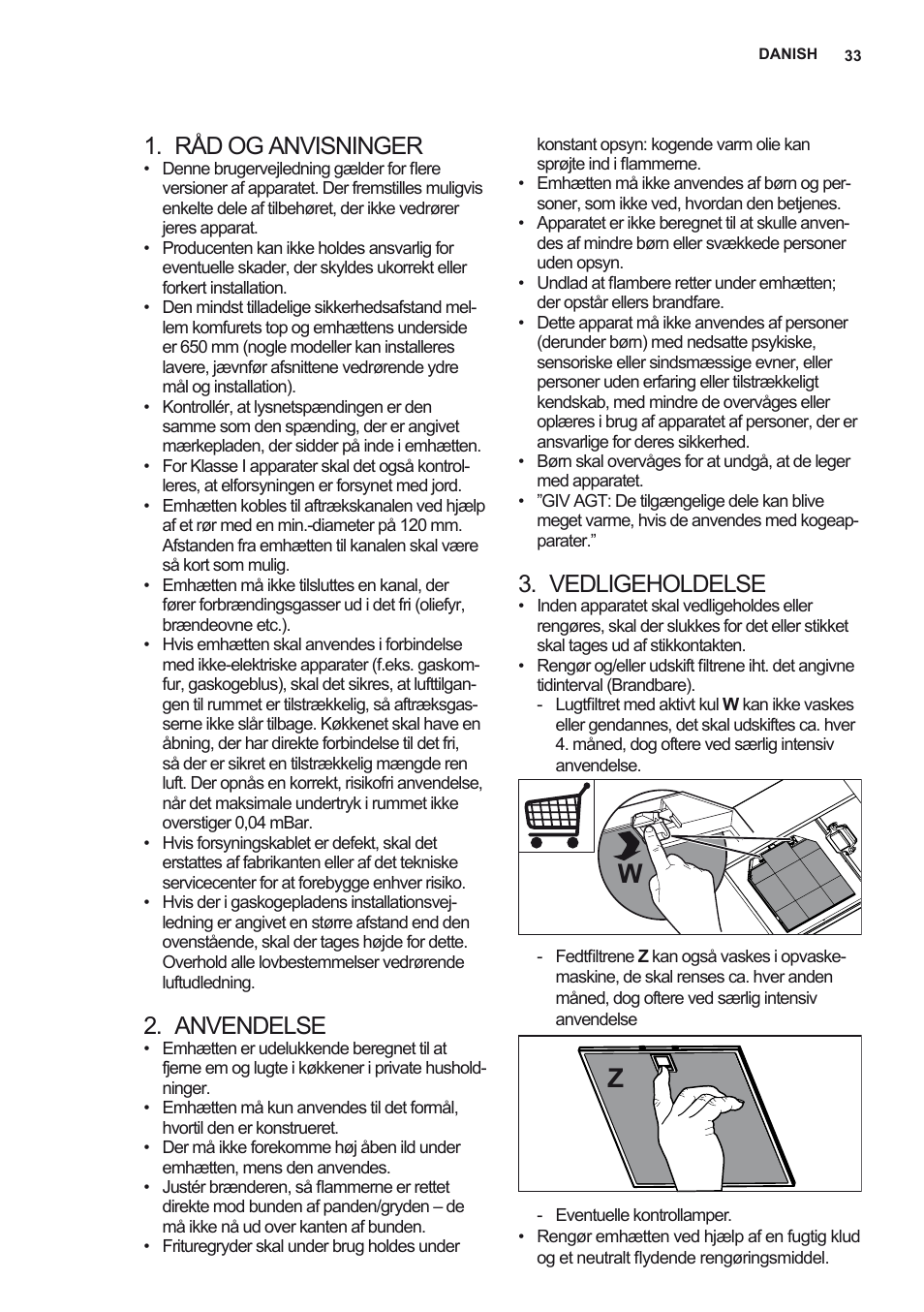 Råd og anvisninger, Anvendelse, Vedligeholdelse | AEG X56342SE10 User Manual | Page 33 / 96
