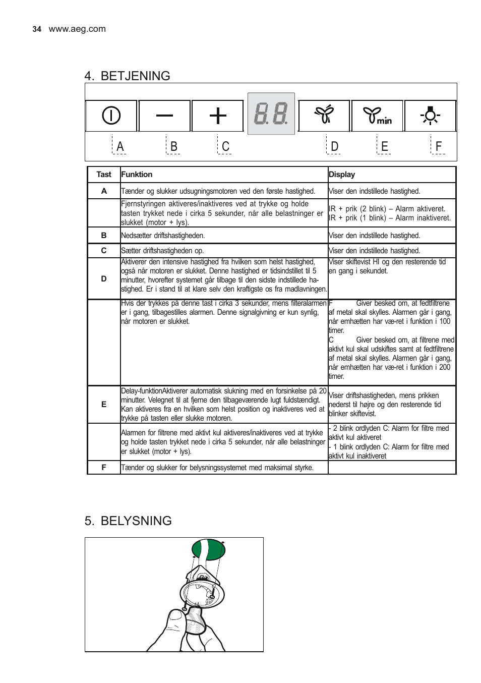 Betjening, Belysning | AEG X56342SE10 User Manual | Page 34 / 96