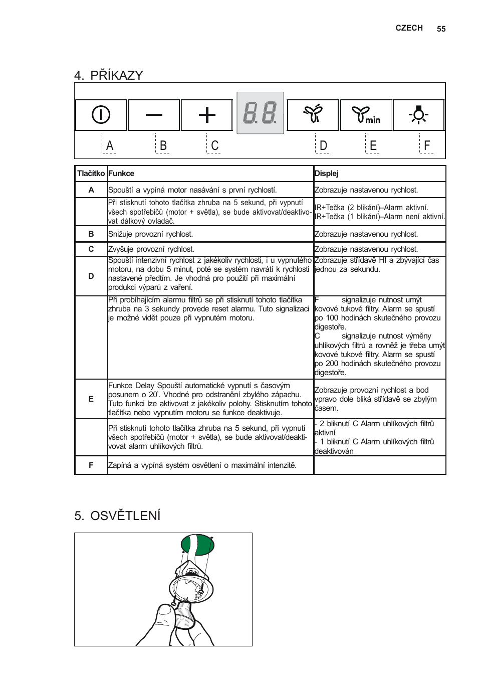 Příkazy, Osvětlení | AEG X56342SE10 User Manual | Page 55 / 96