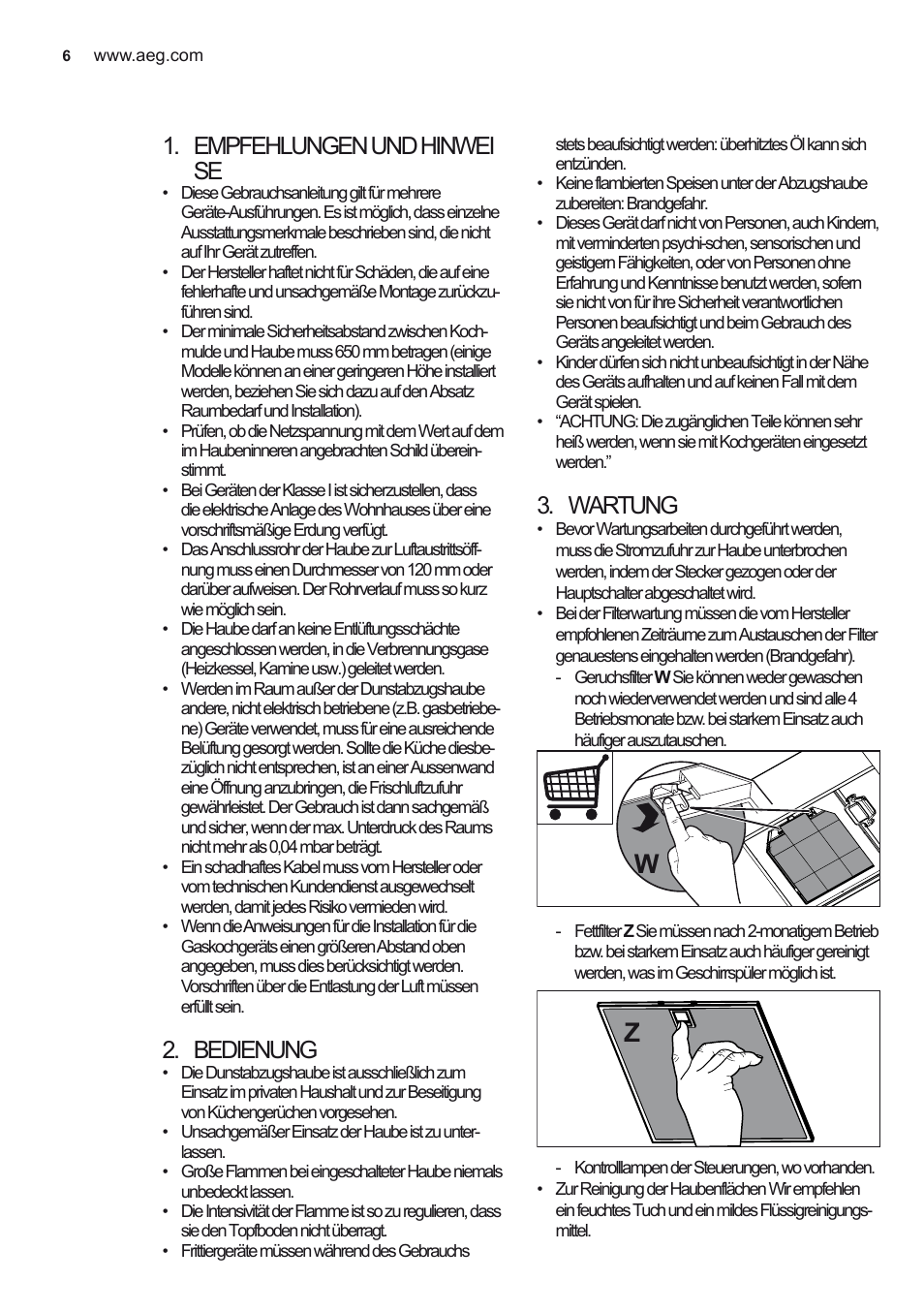 Empfehlungen und hinwei se, Bedienung, Wartung | AEG X56342SE10 User Manual | Page 6 / 96