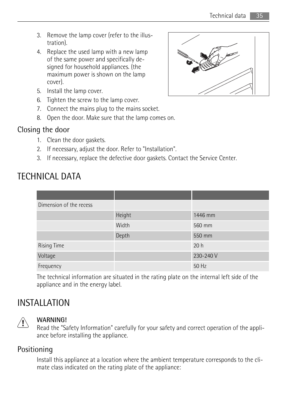 Technical data, Installation, Closing the door | Positioning | AEG SDS51200S0 User Manual | Page 35 / 92