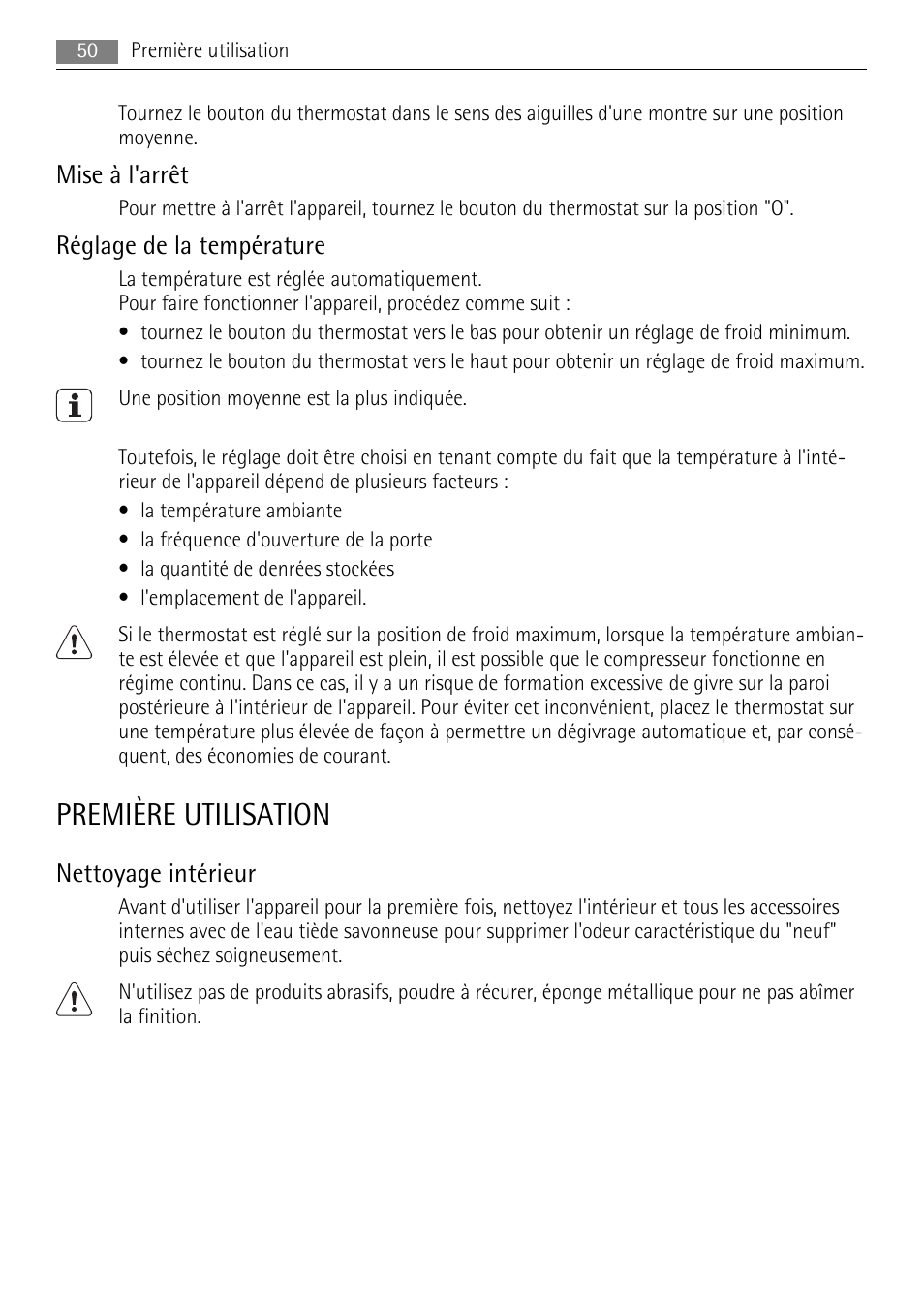 Première utilisation, Mise à l'arrêt, Réglage de la température | Nettoyage intérieur | AEG SDS51200S0 User Manual | Page 50 / 92