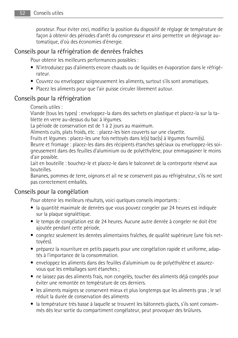 Conseils pour la réfrigération de denrées fraîches, Conseils pour la réfrigération, Conseils pour la congélation | AEG SDS51200S0 User Manual | Page 52 / 92