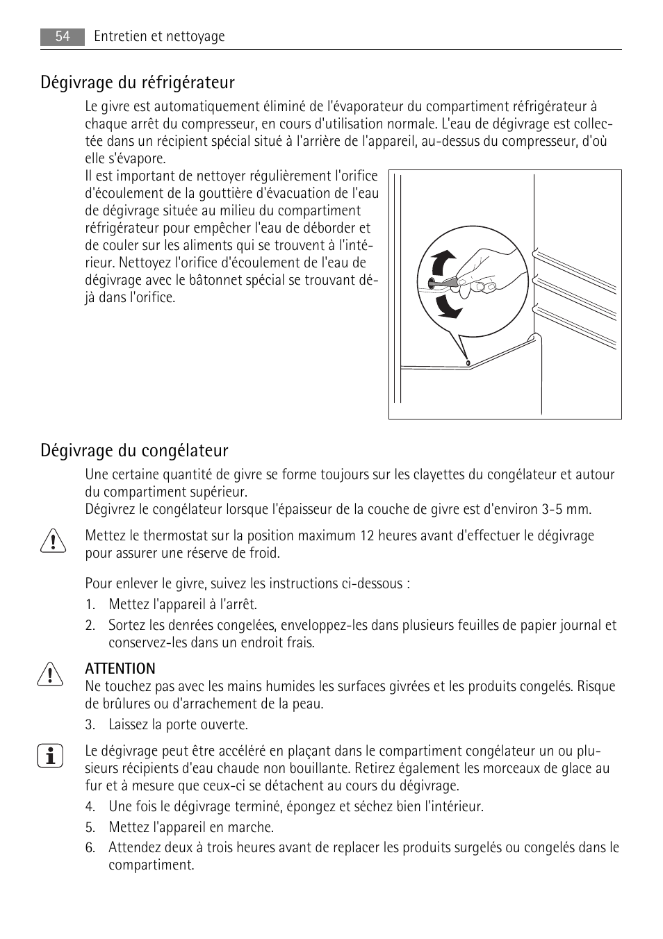 Dégivrage du réfrigérateur, Dégivrage du congélateur | AEG SDS51200S0 User Manual | Page 54 / 92