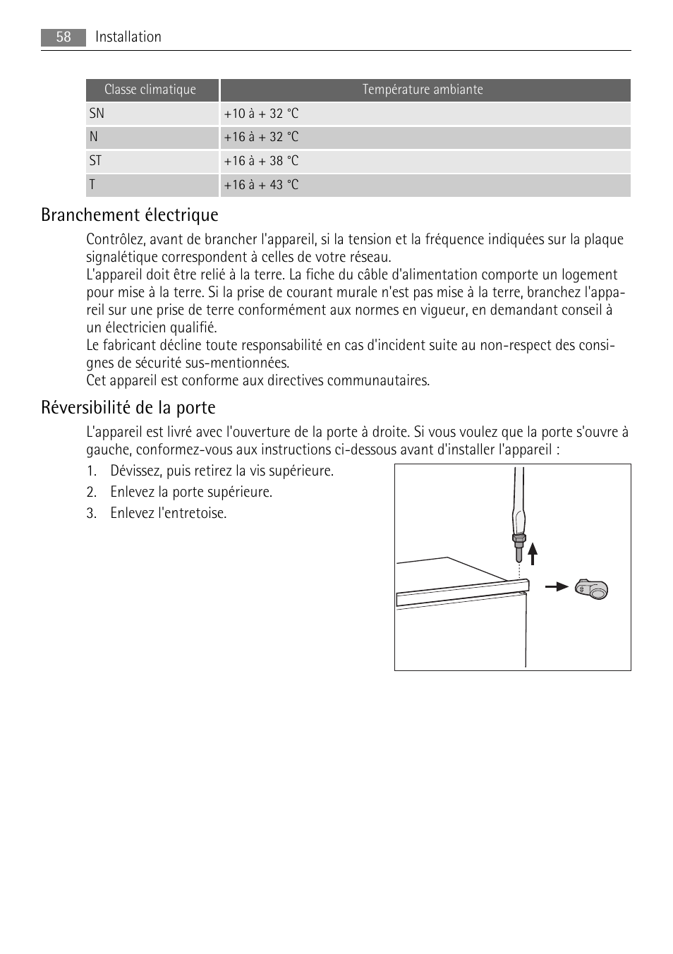 Branchement électrique, Réversibilité de la porte | AEG SDS51200S0 User Manual | Page 58 / 92