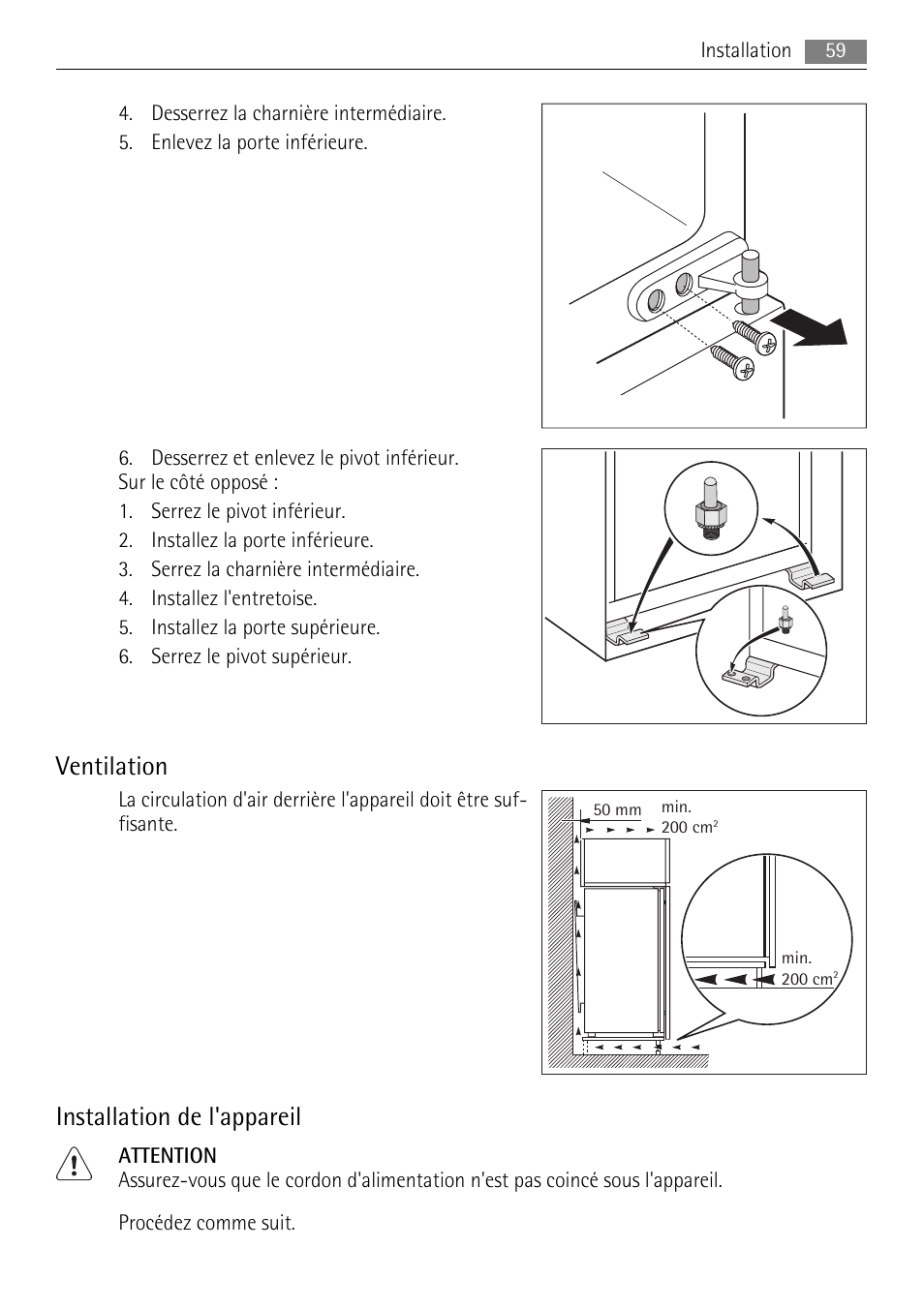 Ventilation, Installation de l'appareil | AEG SDS51200S0 User Manual | Page 59 / 92