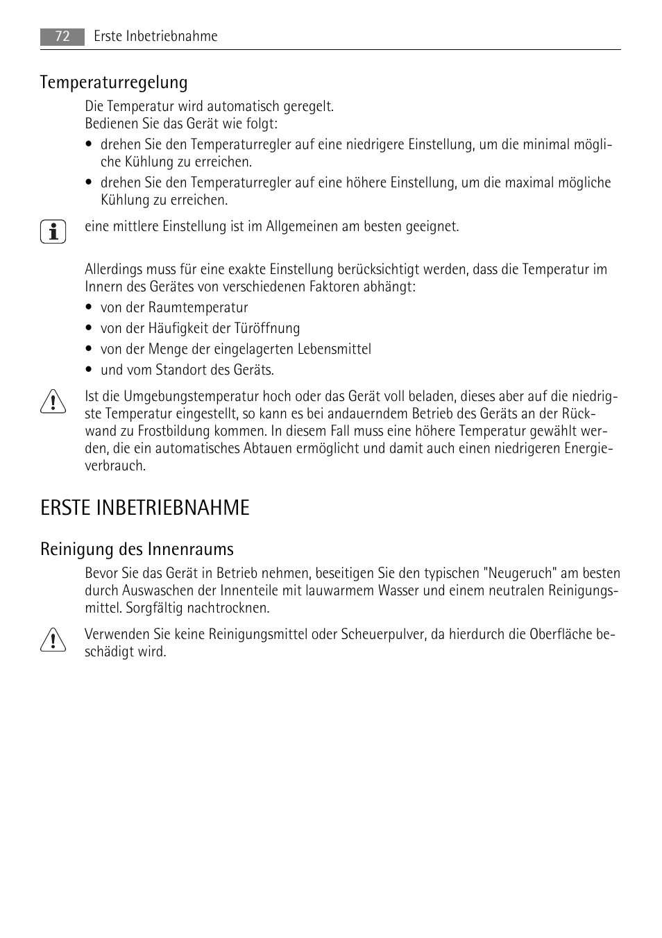 Erste inbetriebnahme, Temperaturregelung, Reinigung des innenraums | AEG SDS51200S0 User Manual | Page 72 / 92