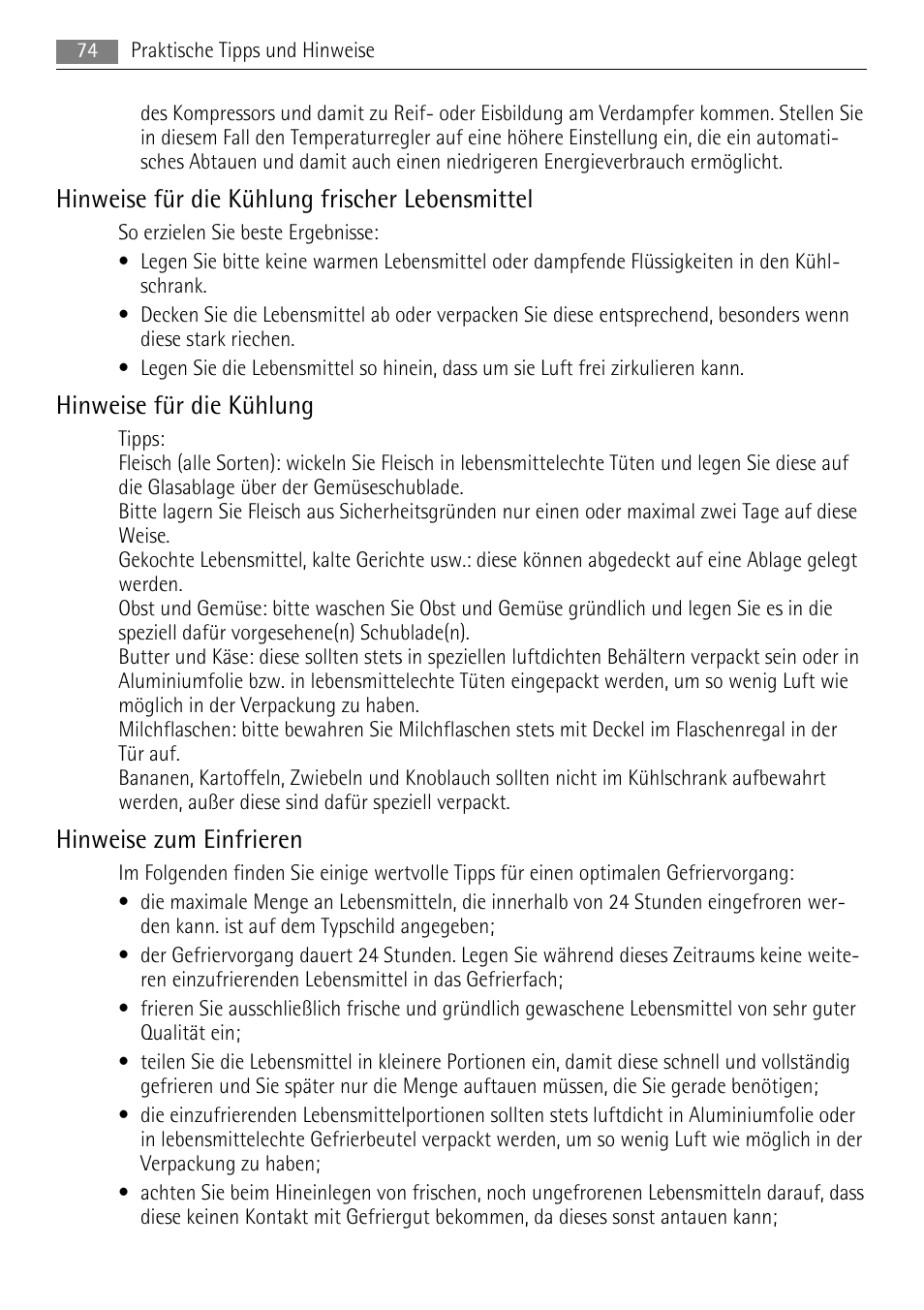 Hinweise für die kühlung frischer lebensmittel, Hinweise für die kühlung, Hinweise zum einfrieren | AEG SDS51200S0 User Manual | Page 74 / 92