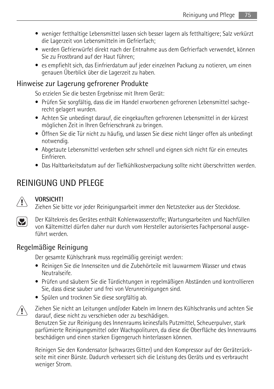 Reinigung und pflege, Hinweise zur lagerung gefrorener produkte, Regelmäßige reinigung | AEG SDS51200S0 User Manual | Page 75 / 92