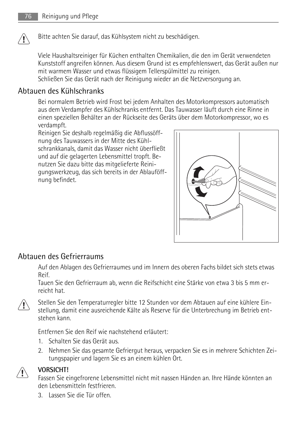 Abtauen des kühlschranks, Abtauen des gefrierraums | AEG SDS51200S0 User Manual | Page 76 / 92