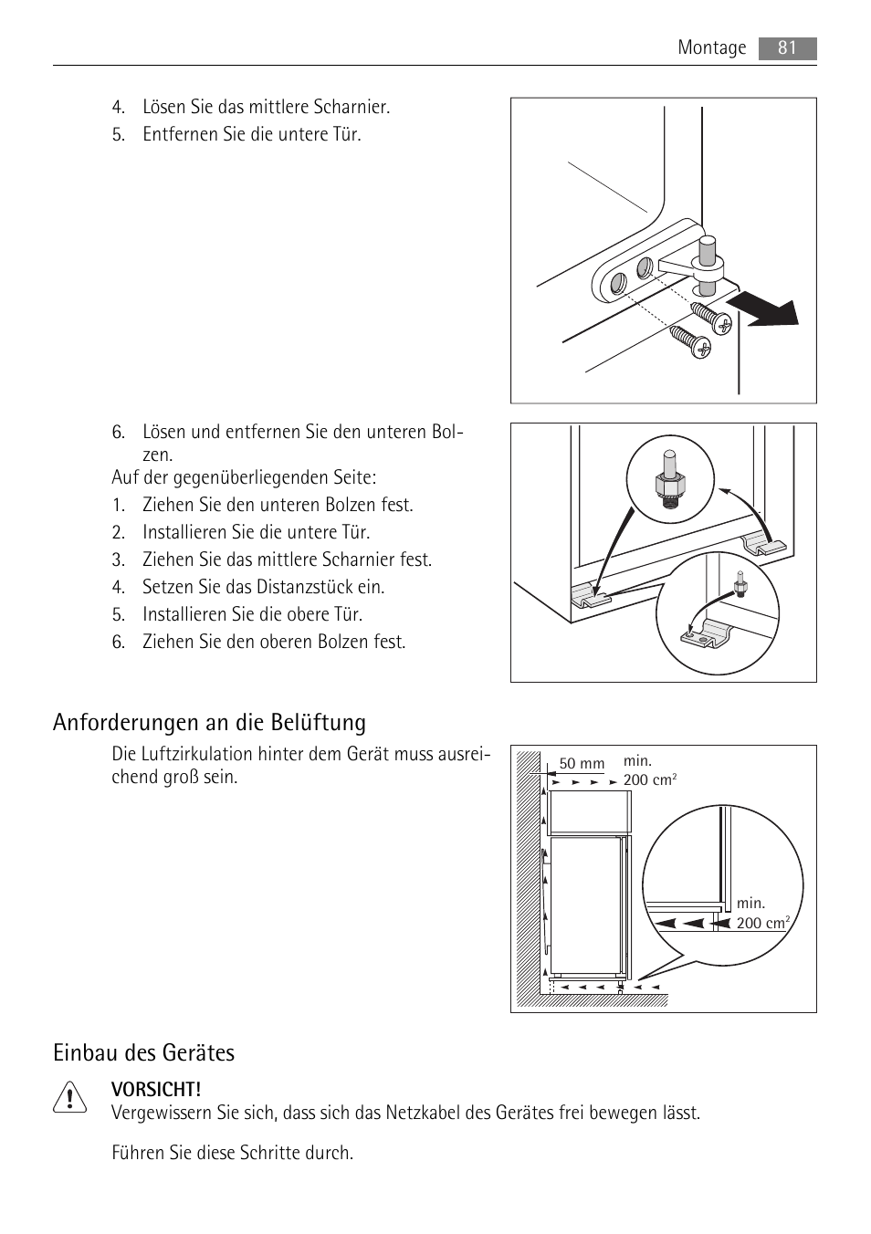 Anforderungen an die belüftung, Einbau des gerätes | AEG SDS51200S0 User Manual | Page 81 / 92