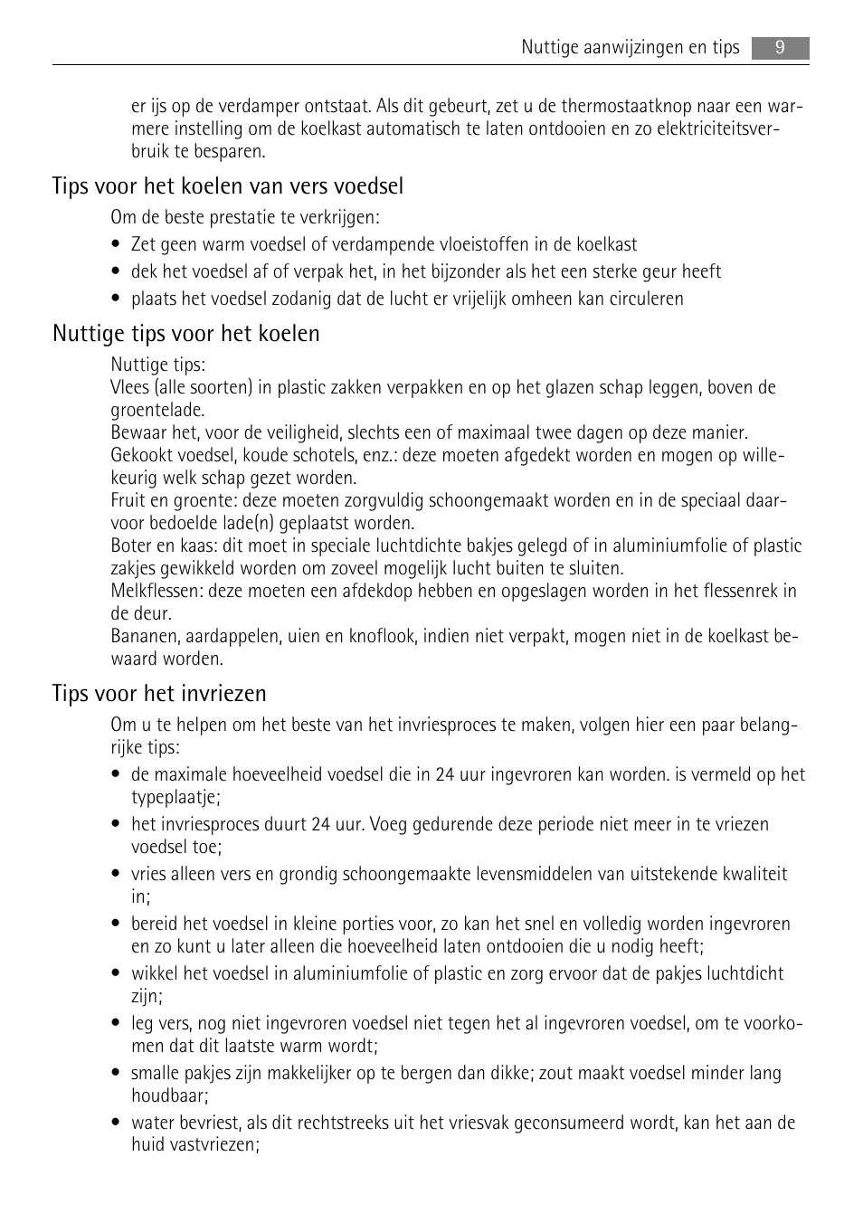 Tips voor het koelen van vers voedsel, Nuttige tips voor het koelen, Tips voor het invriezen | AEG SDS51200S0 User Manual | Page 9 / 92