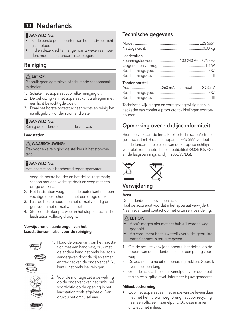 Nederlands, Reiniging, Technische gegevens | Opmerking over richtlijnconformiteit, Verwijdering | AEG EZS 5664 User Manual | Page 10 / 50