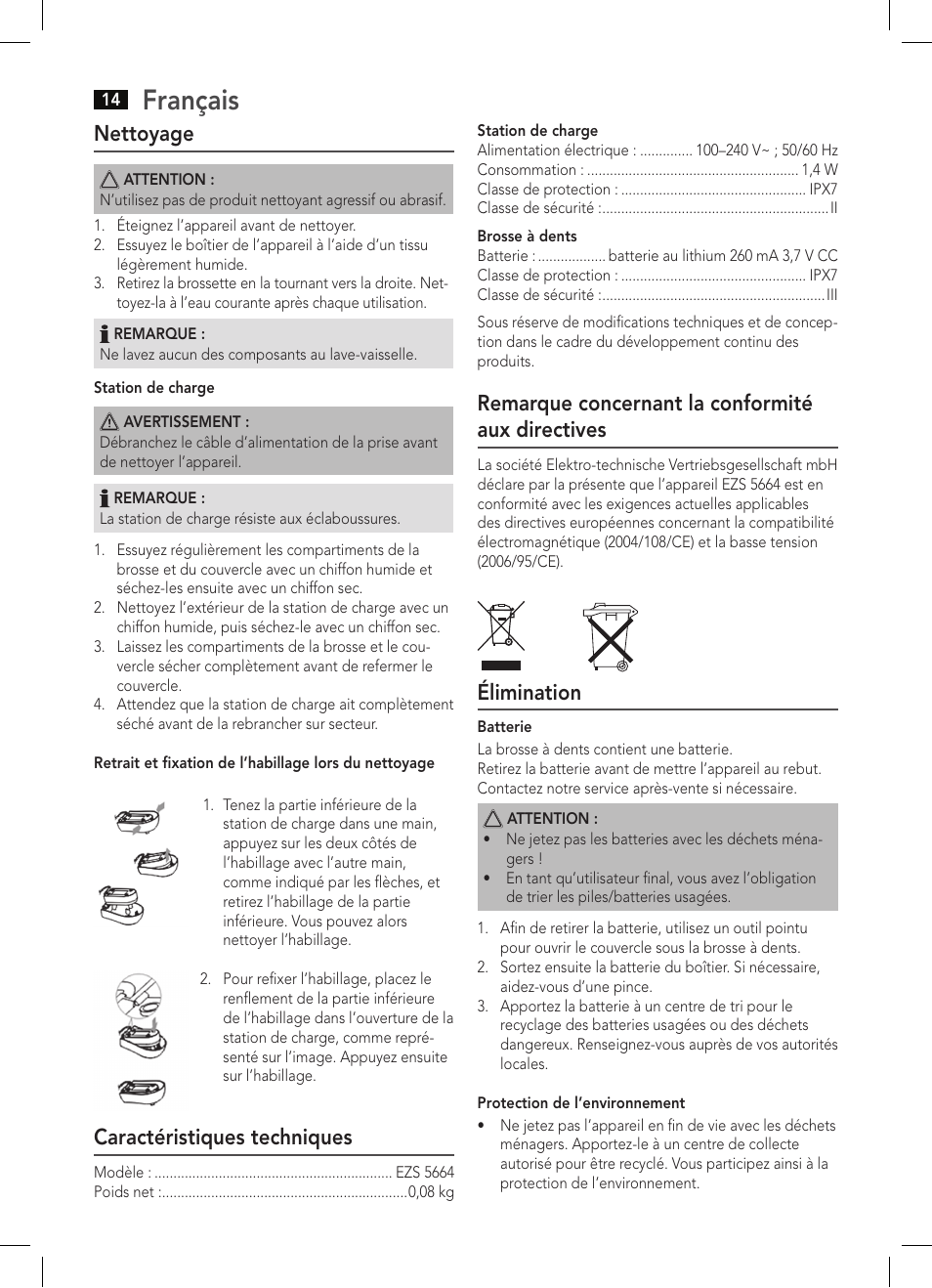 Français, Nettoyage, Caractéristiques techniques | Remarque concernant la conformité aux directives, Élimination | AEG EZS 5664 User Manual | Page 14 / 50