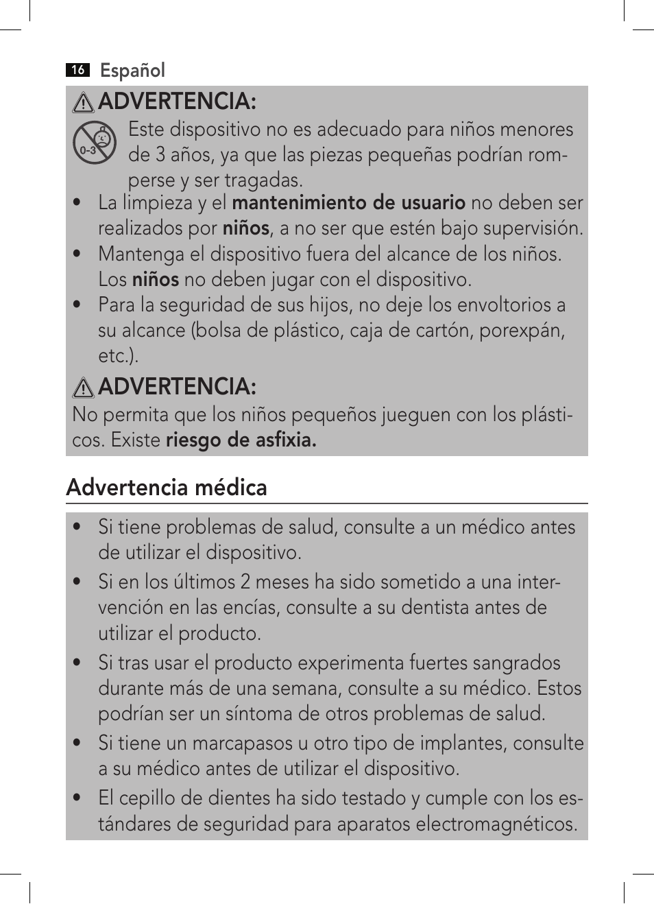 Advertencia, Advertencia médica | AEG EZS 5664 User Manual | Page 16 / 50