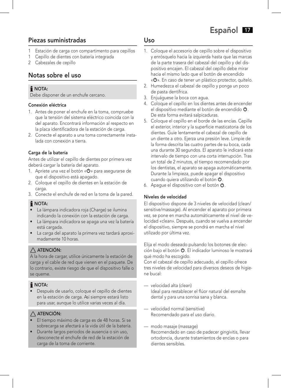 Español, Piezas suministradas, Notas sobre el uso | AEG EZS 5664 User Manual | Page 17 / 50