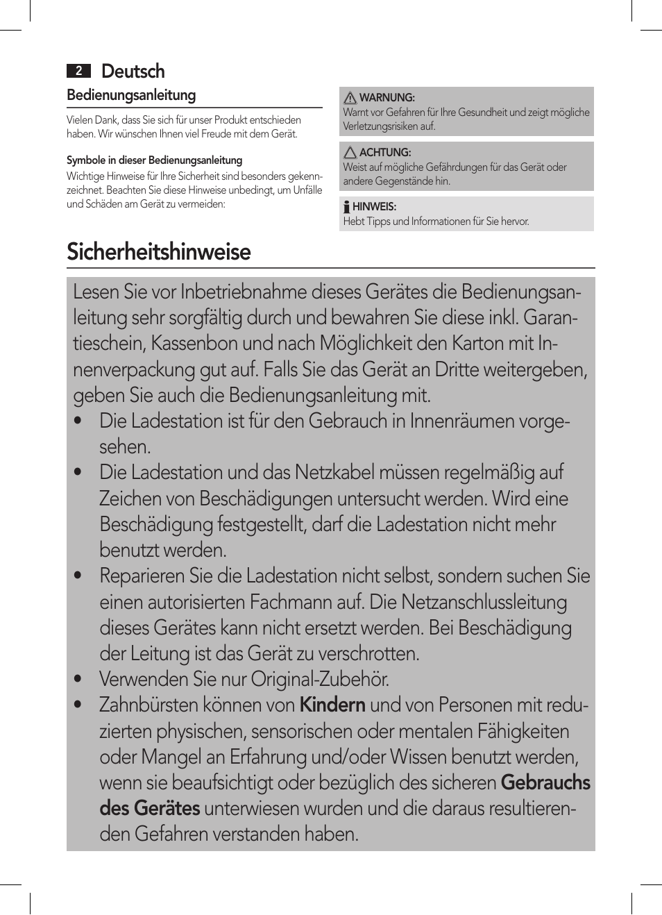 Sicherheitshinweise, Deutsch | AEG EZS 5664 User Manual | Page 2 / 50