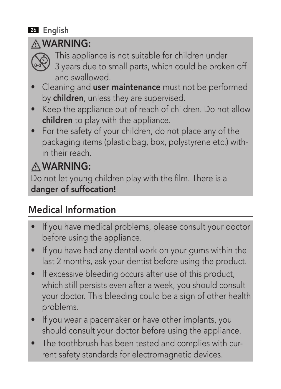 Warning, Medical information | AEG EZS 5664 User Manual | Page 26 / 50