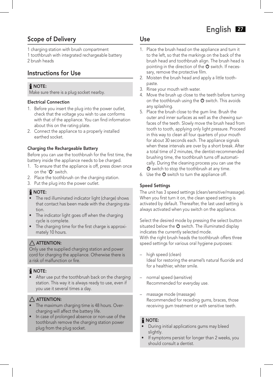 English, Scope of delivery, Instructions for use | AEG EZS 5664 User Manual | Page 27 / 50