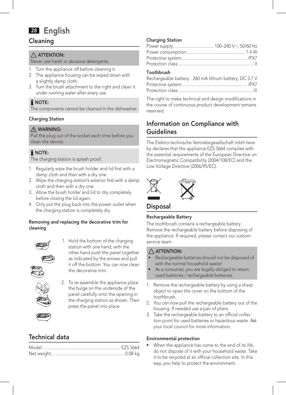 English, Cleaning, Technical data | Information on compliance with guidelines, Disposal | AEG EZS 5664 User Manual | Page 28 / 50